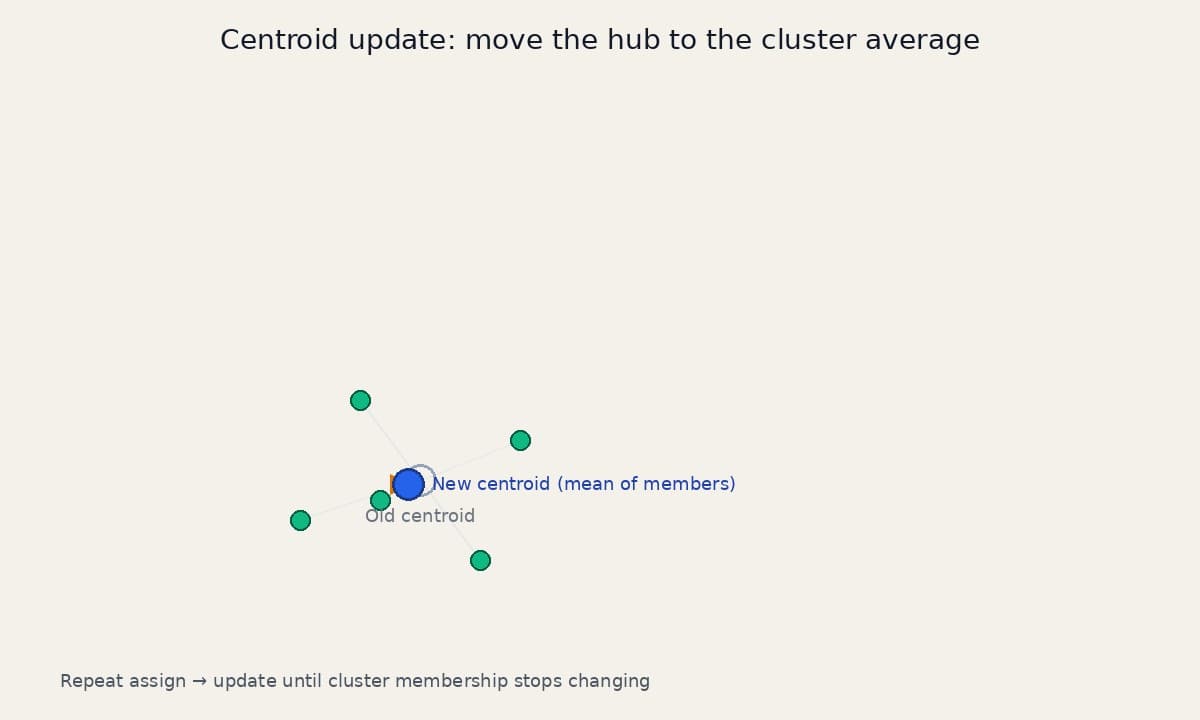 Illustration of an old centroid moving to the average of its cluster members to become the new hub location.