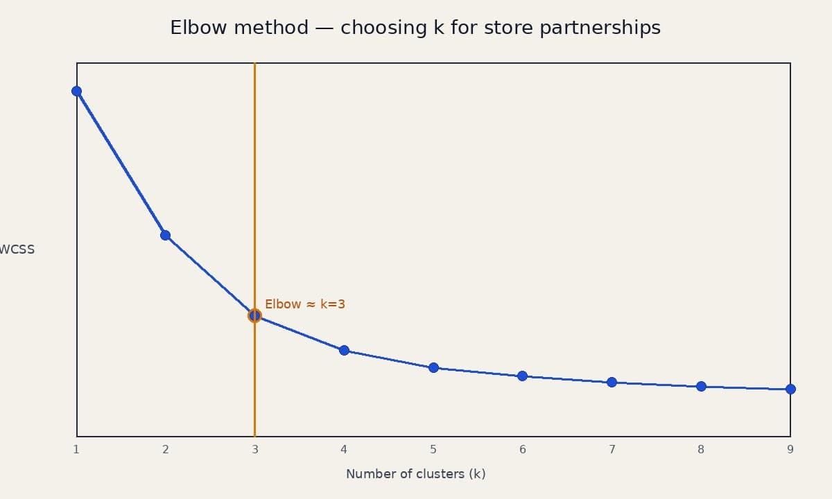 Elbow-method chart plotting within-cluster sum of squares against number of clusters, with the elbow marked near k equals 3.