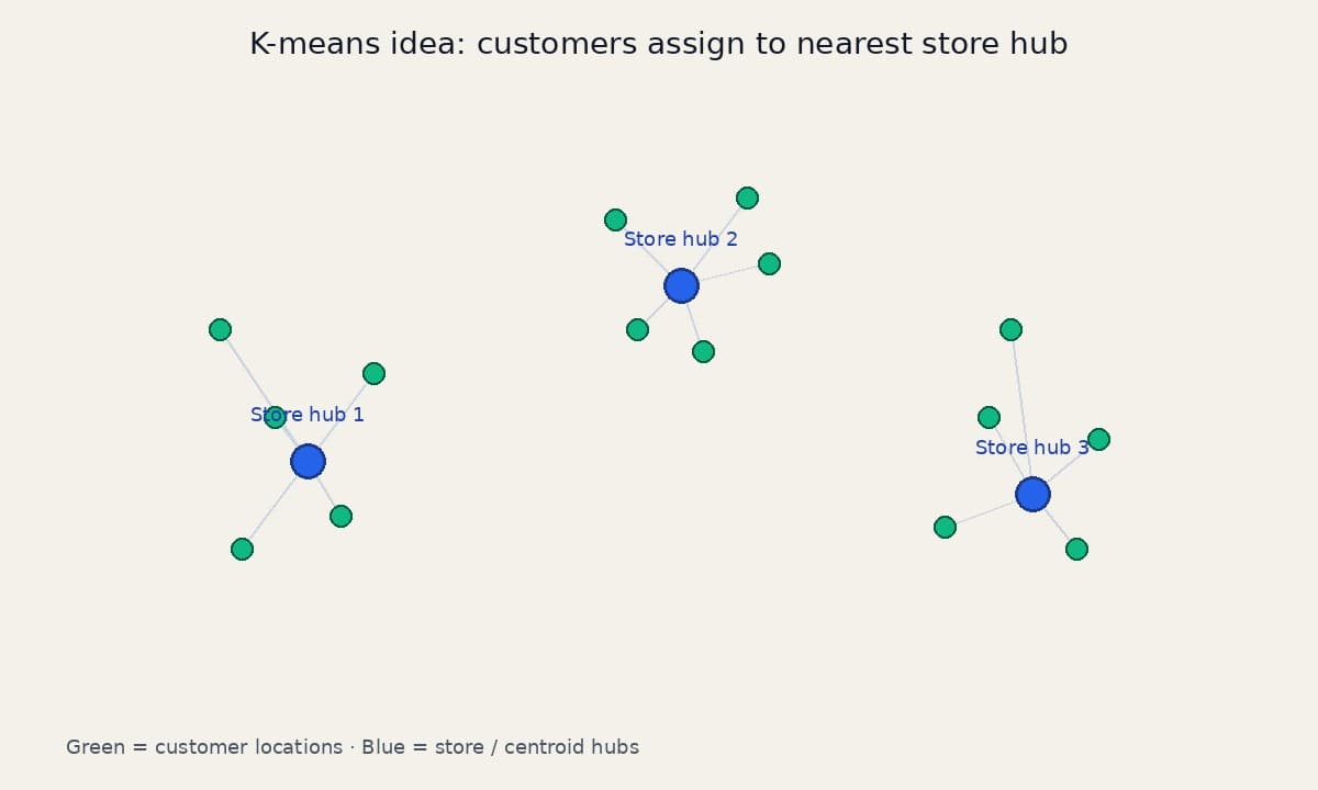 Illustration of customer locations assigned to the nearest of three store hubs, with lines connecting each customer to its hub.