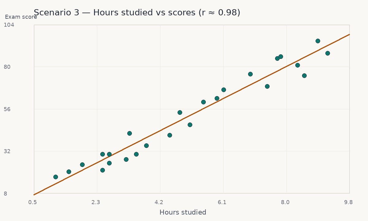Line chart of hours studied versus exam scores, showing a strong positive correlation.